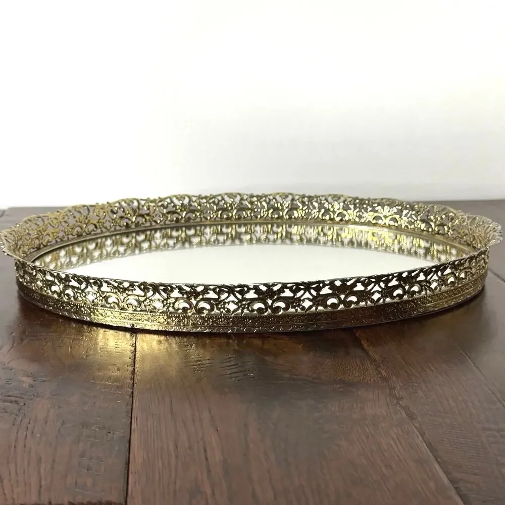 Vintage Gold Tone Filigree Mirrored Vanity Tray 13x10